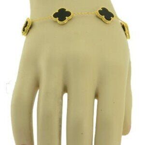 18k Yellow Gold over Sterling Silver Black Onyx 925 Clover 5 Motif Bracelet 7.25
